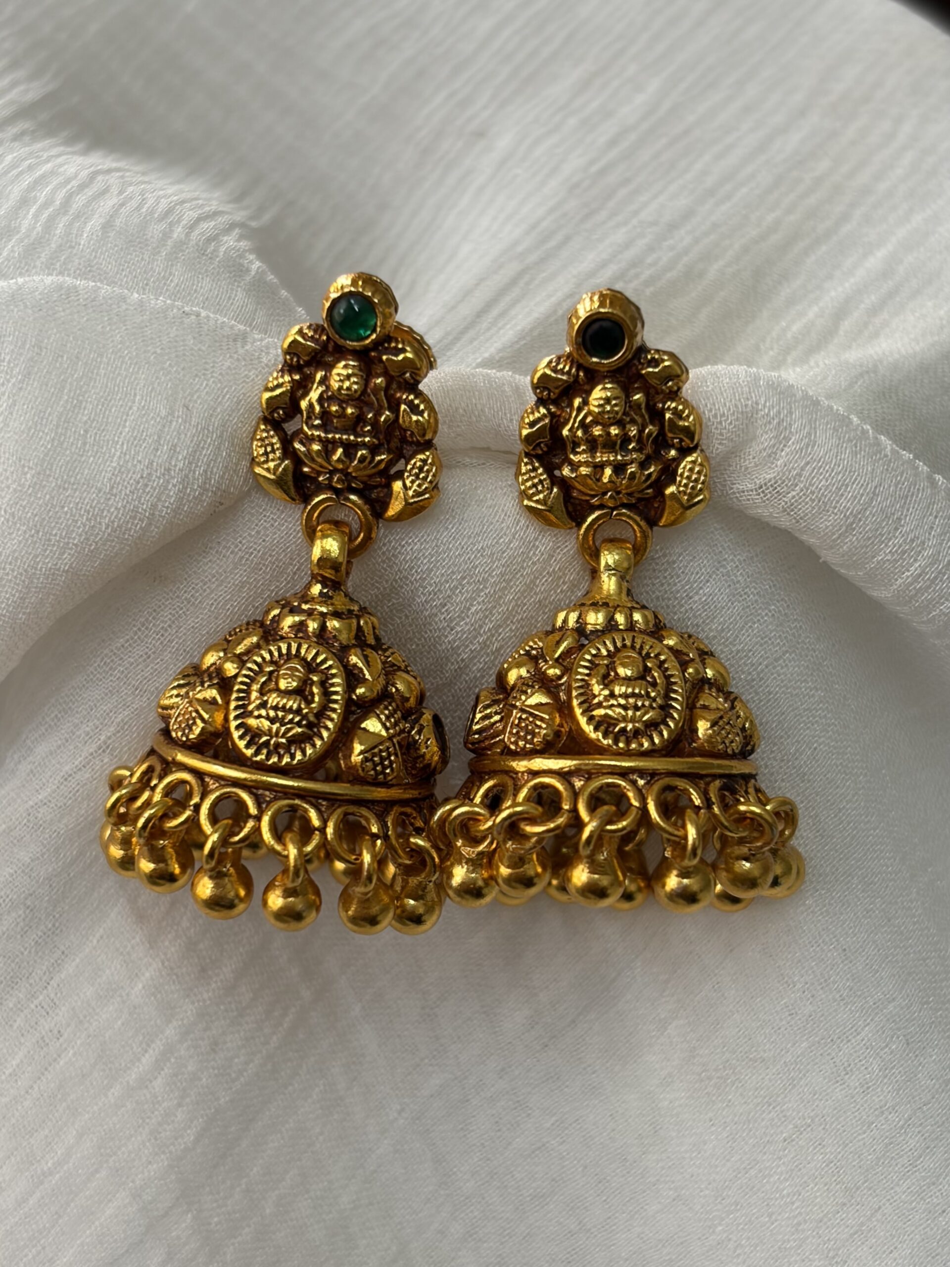 Antique Lakshmi Temple Jhumka Earrings with Green Stone Accent