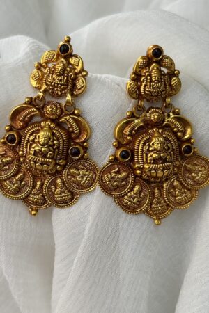 Antique Lakshmi Coin Temple Earrings with Maroon Stone Accents