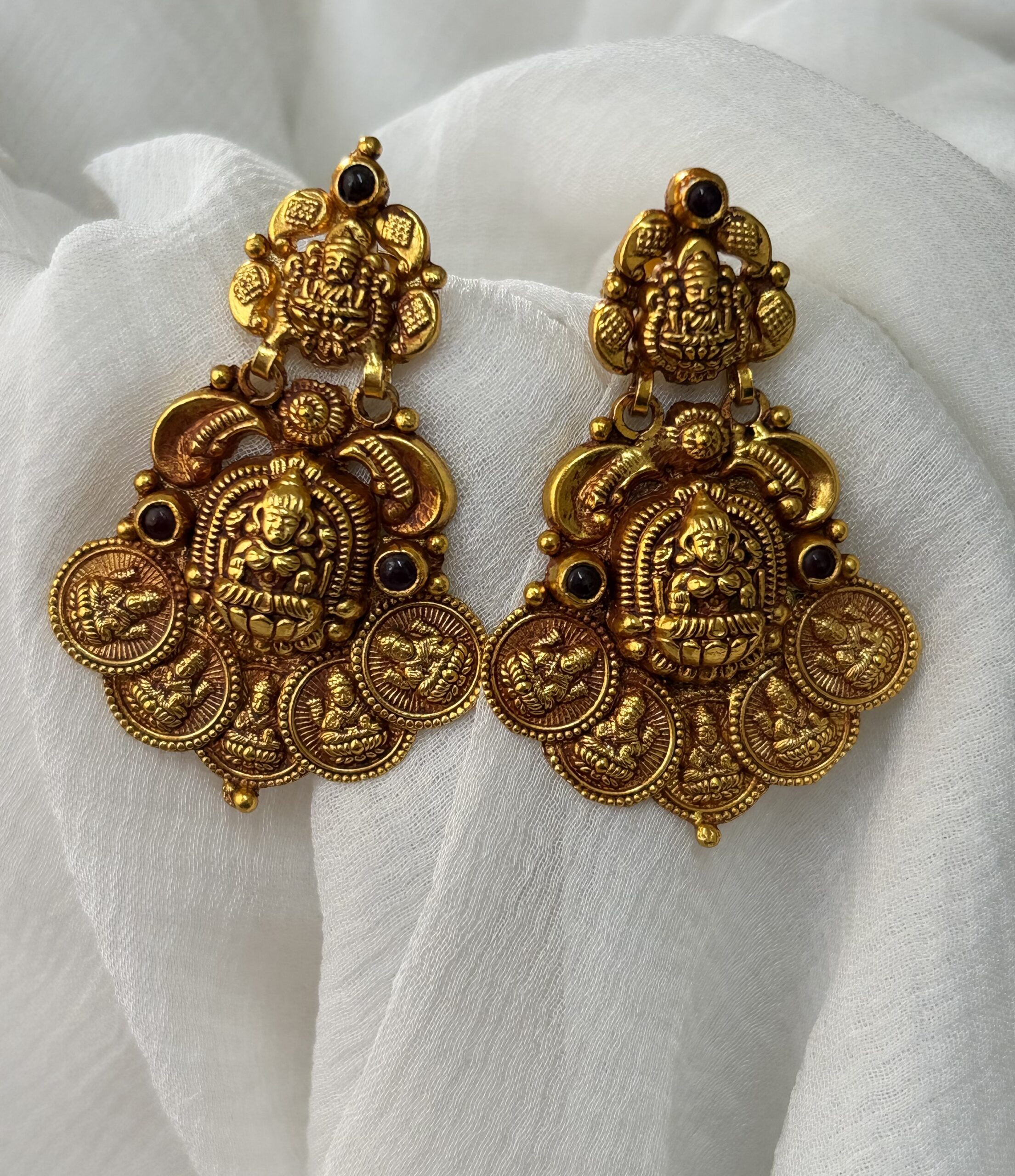 Antique Lakshmi Coin Temple Earrings with Maroon Stone Accents