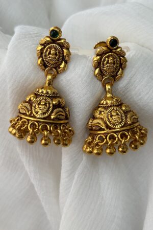 Traditional Lakshmi Temple Jhumka Earrings with Green Stone Accent