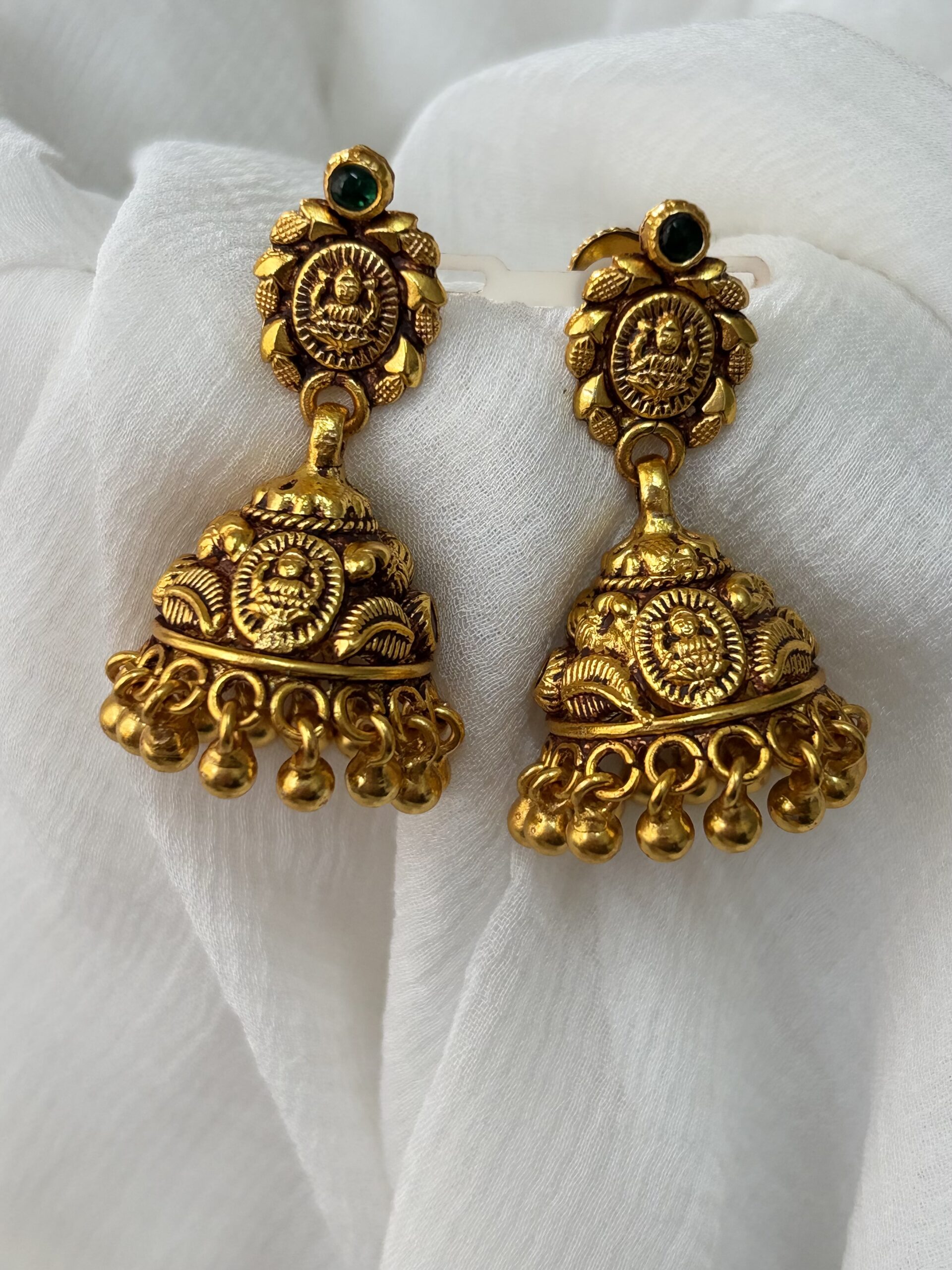 Traditional Lakshmi Temple Jhumka Earrings with Green Stone Accent