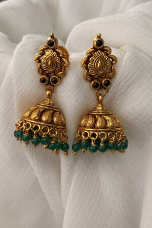 Antique Gold Peacock Motif Jhumka with Green Bead Drops