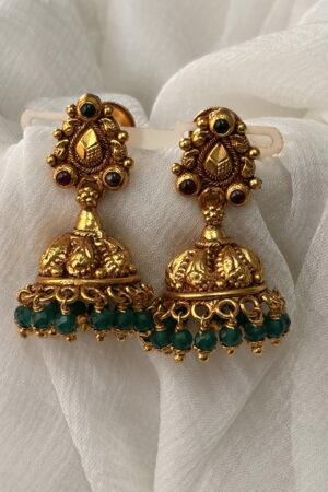 Antique Gold Floral Jhumka with Ruby & Green Bead Accents