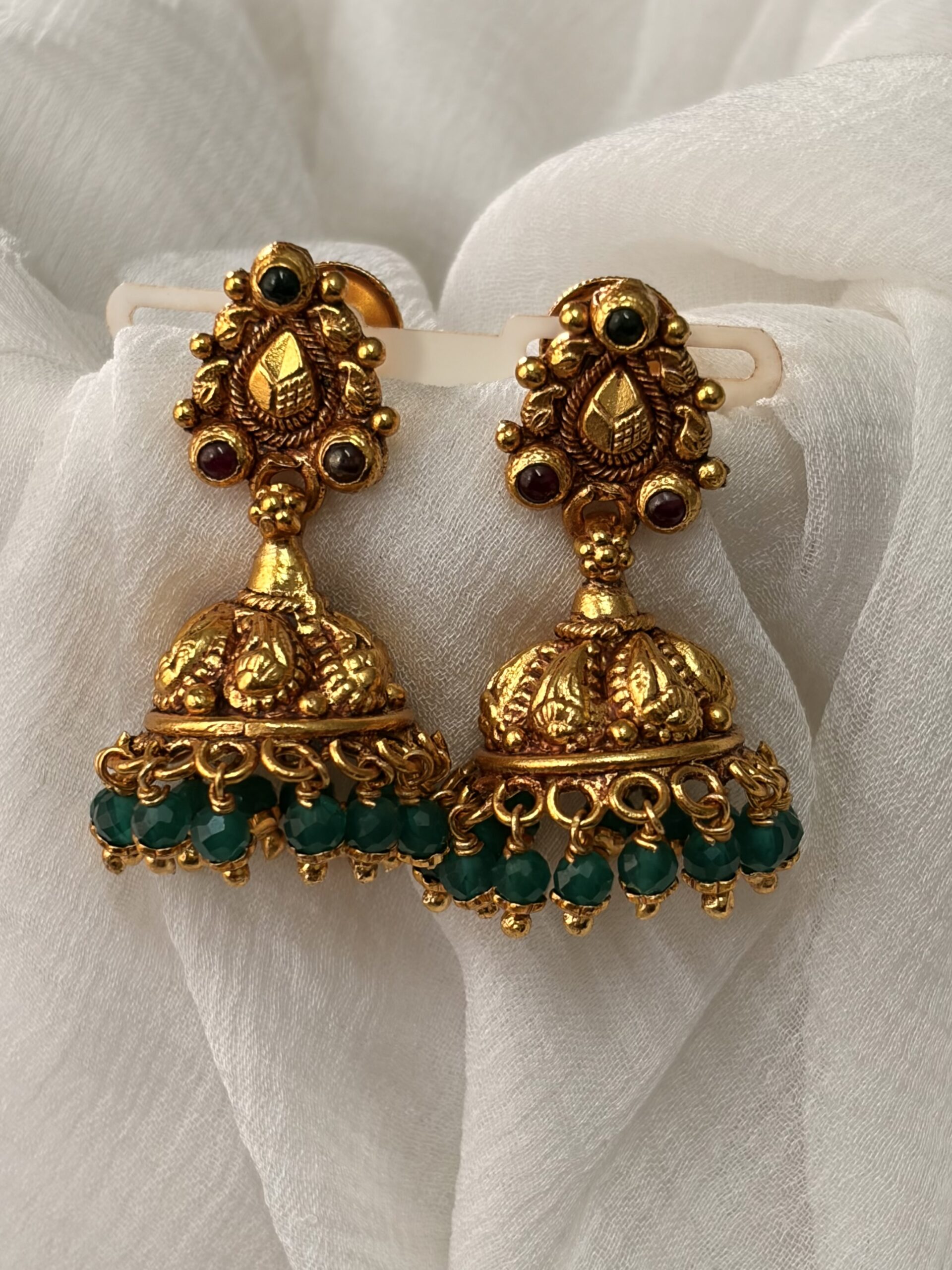 Antique Gold Floral Jhumka with Ruby & Green Bead Accents