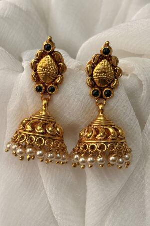 Antique Gold Traditional Jhumka with Pearl Drops & Green Stone Accents