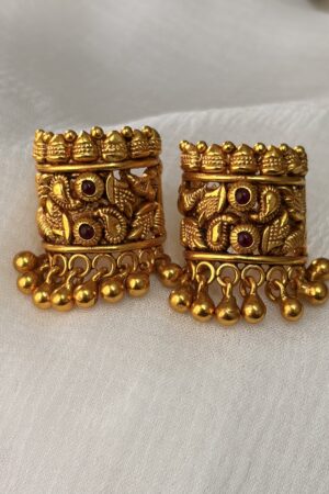 Antique Gold Temple Ear Cuff with Ruby Stone Floral Carvings