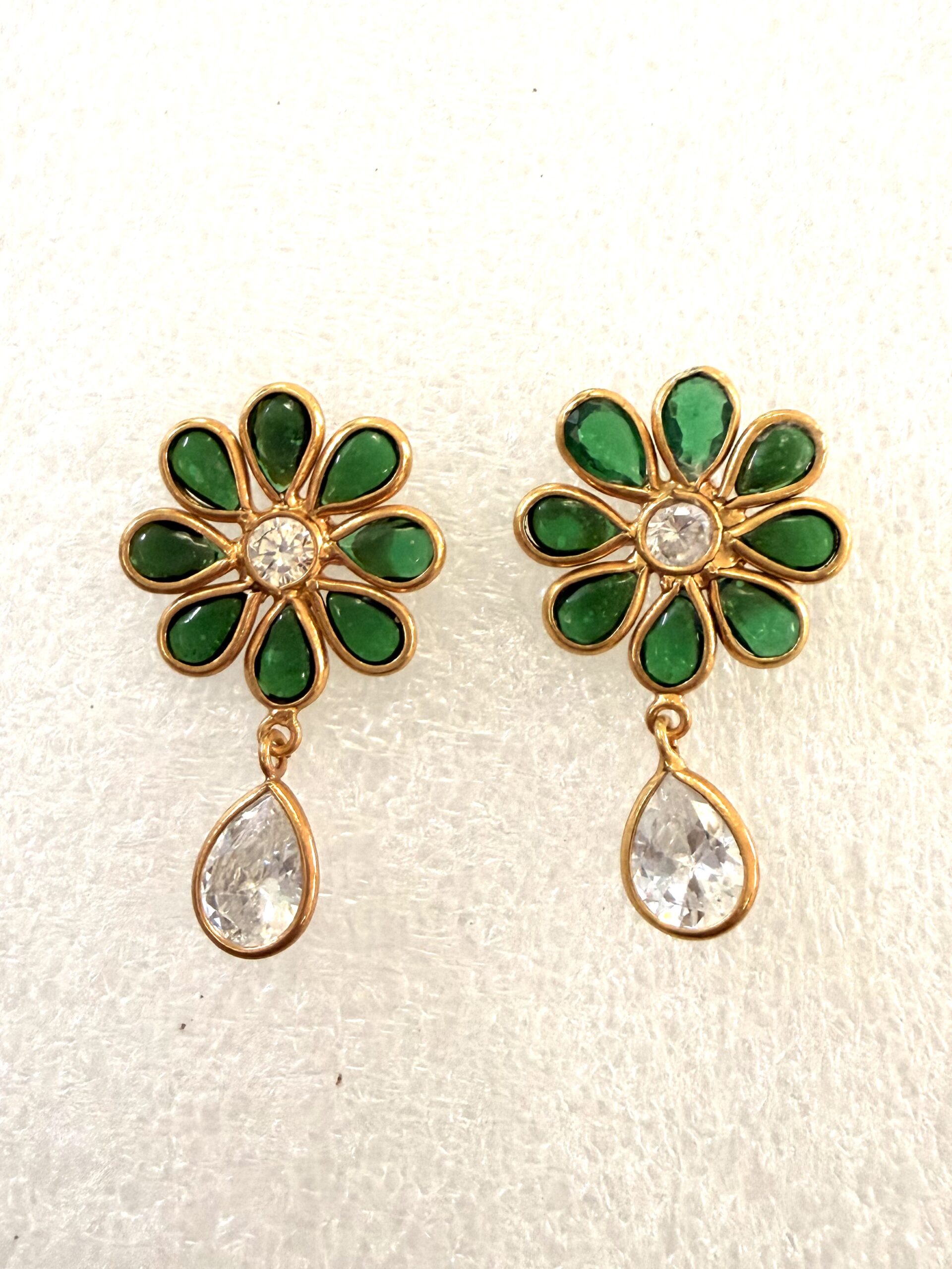 Emerald Bloom Drop Earrings in Gold Finish