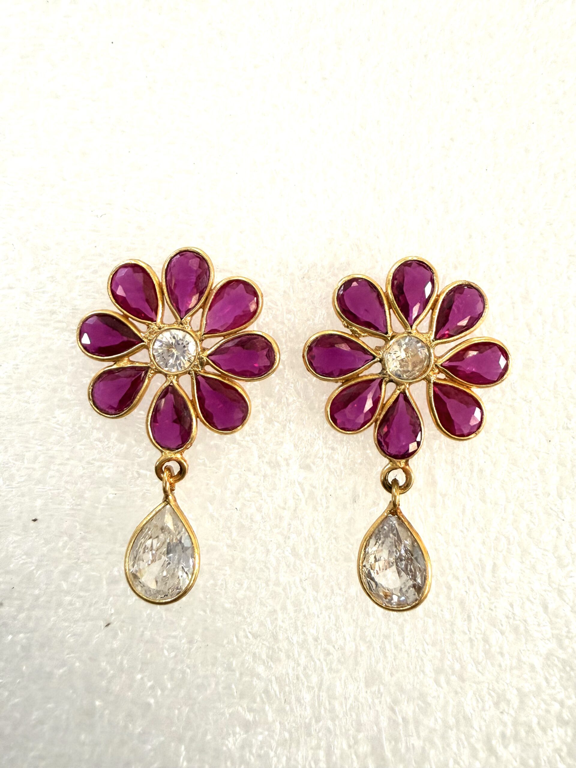 Ruby Blossom Drop Earrings with Crystal Teardrop