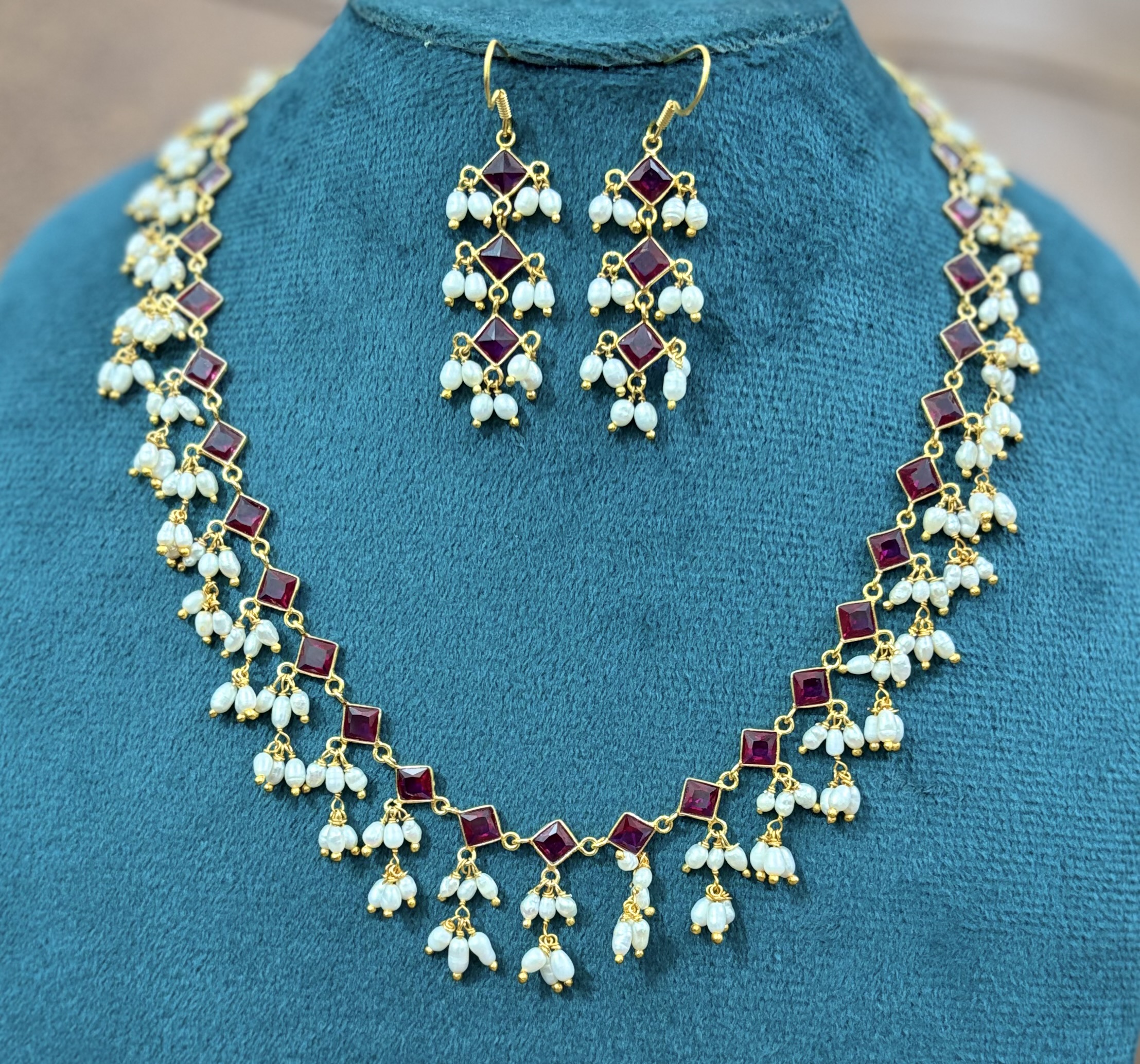 Ruby Radiance Rice Pearl Cascade Necklace Set