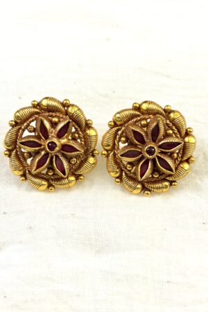 Antique Ruby Blossom Floral Stud Earrings