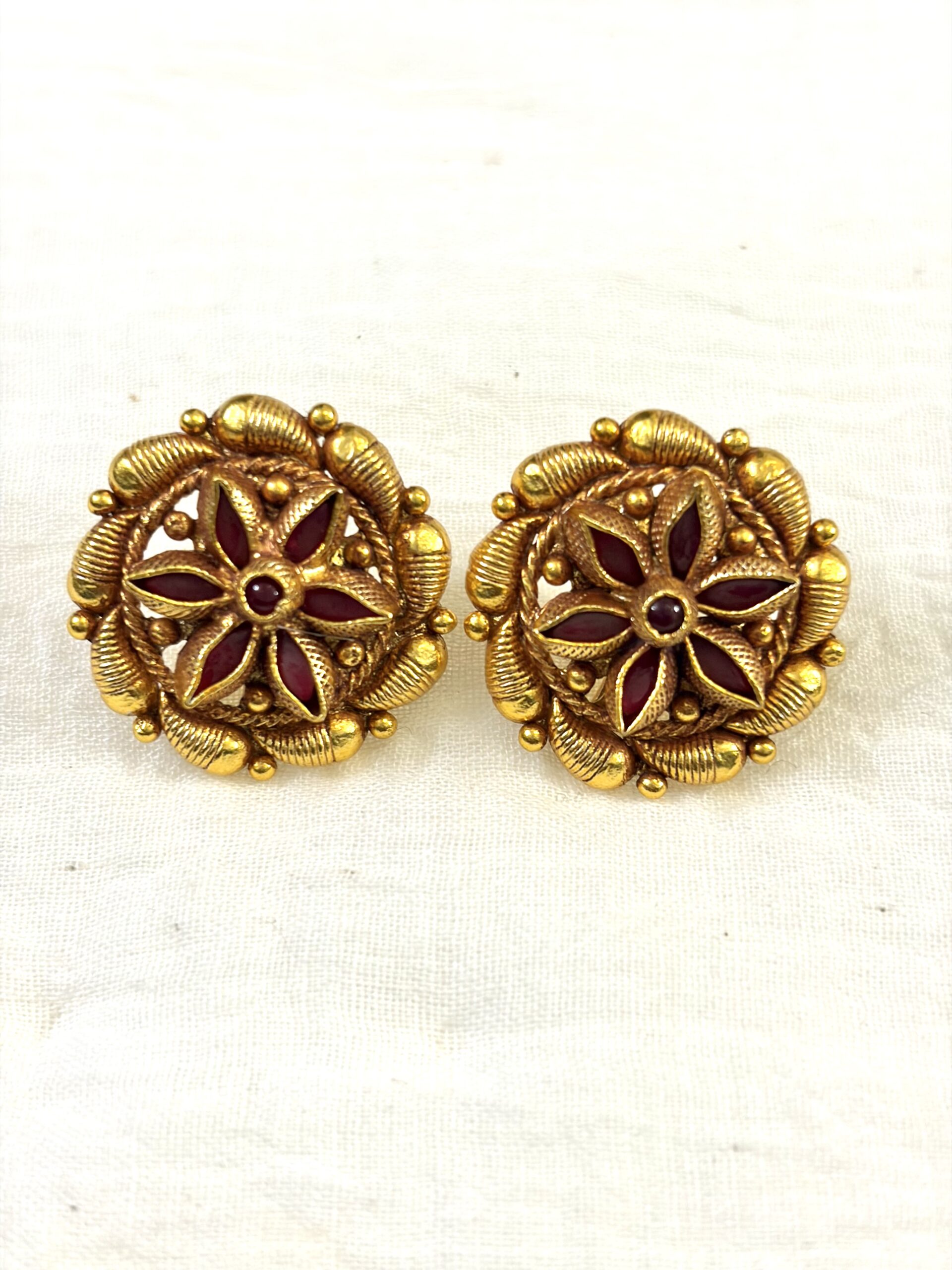 Antique Ruby Blossom Floral Stud Earrings