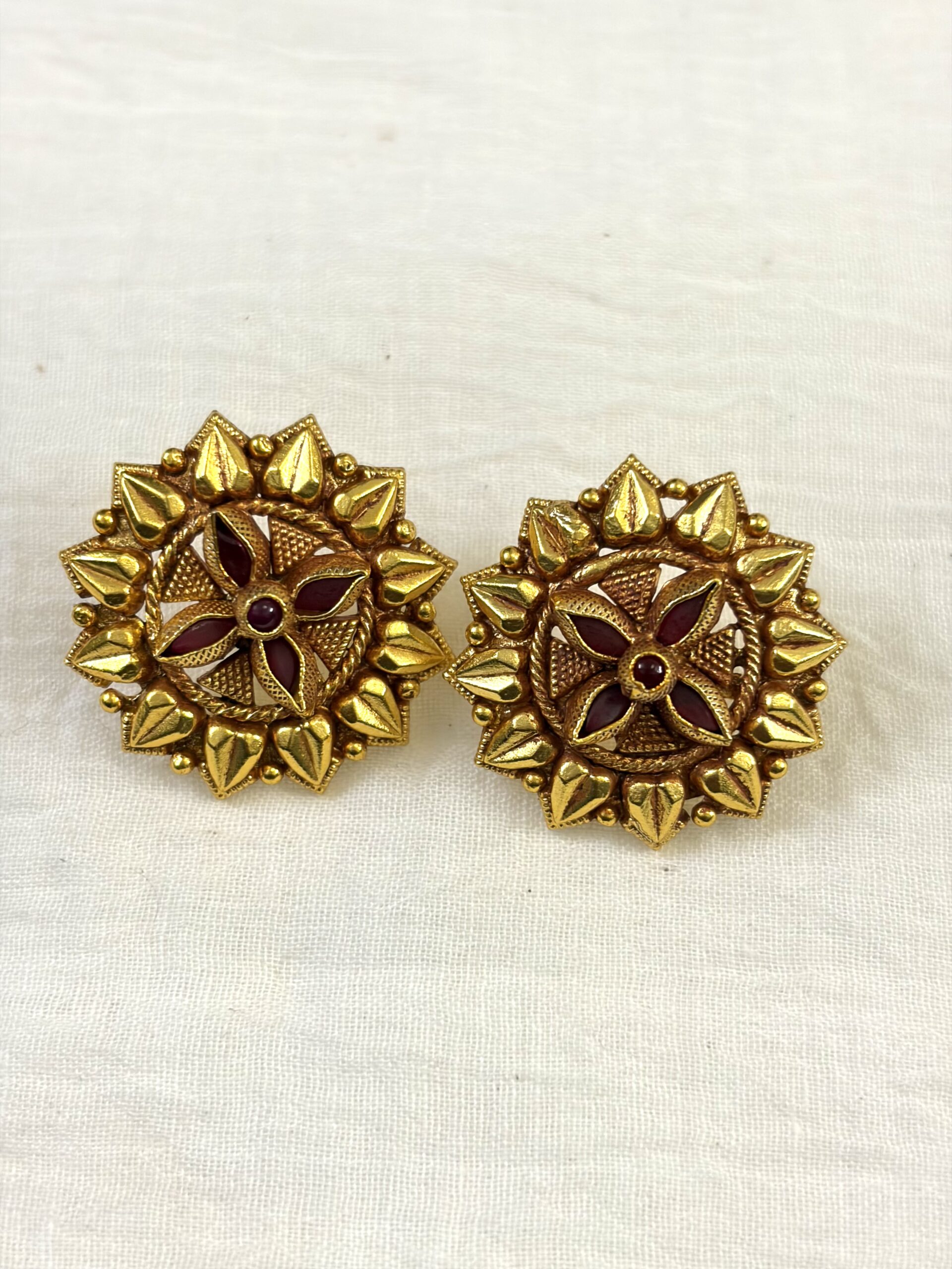 Antique Floral Ruby Stud Earrings