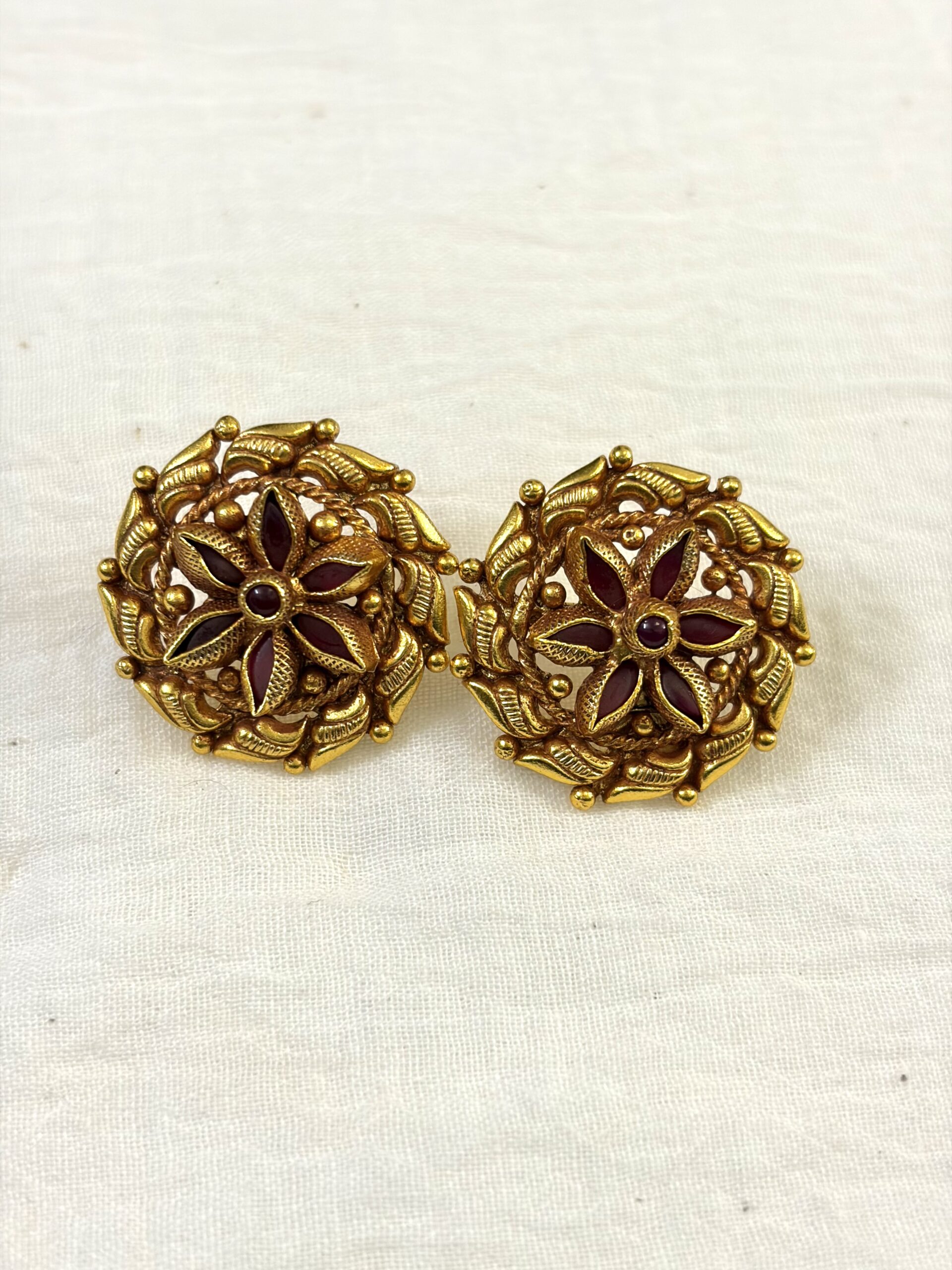 Antique Floral Ruby Stud Earrings