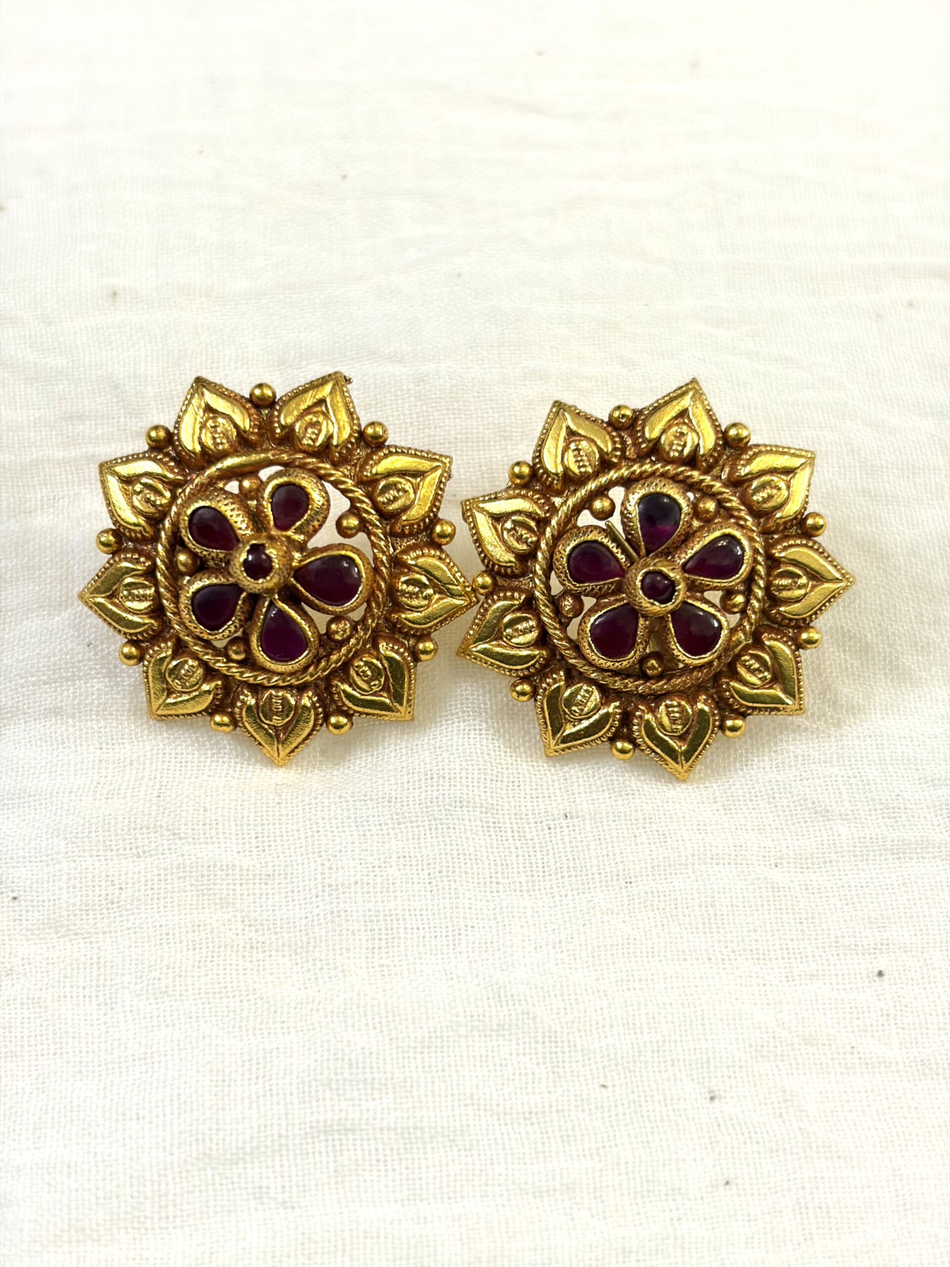 Antique Ruby Bloom Temple Stud Earrings