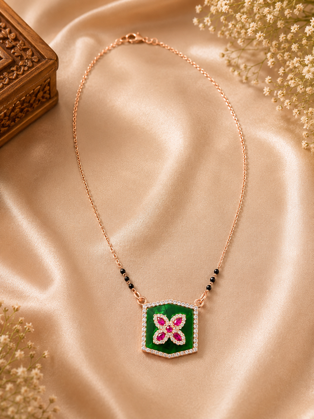 Emerald Blossom Rose Gold Mangalsutra Pendant Chain