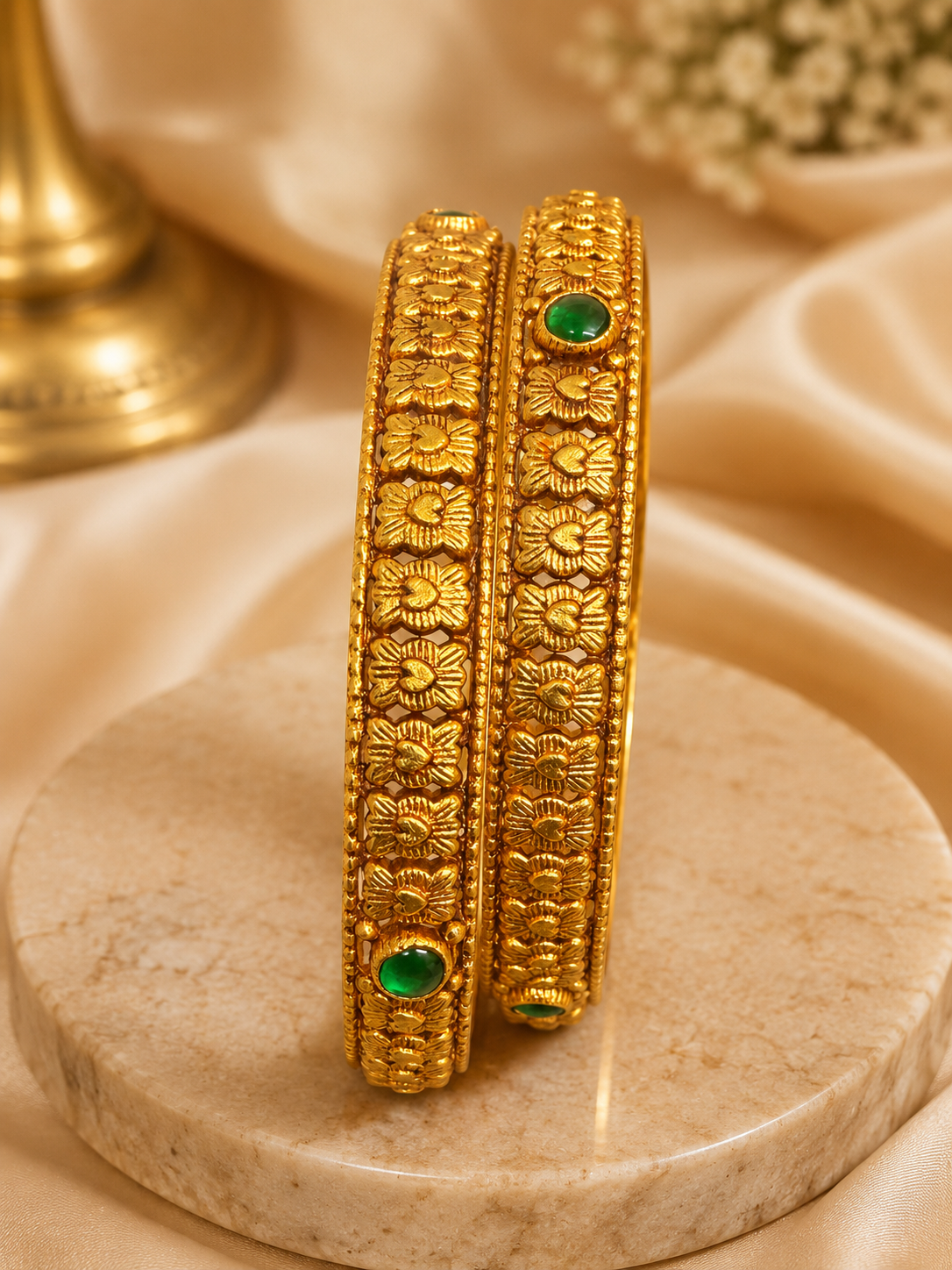 Heritage Floral Nakshi Bangles with Emerald Highlights
