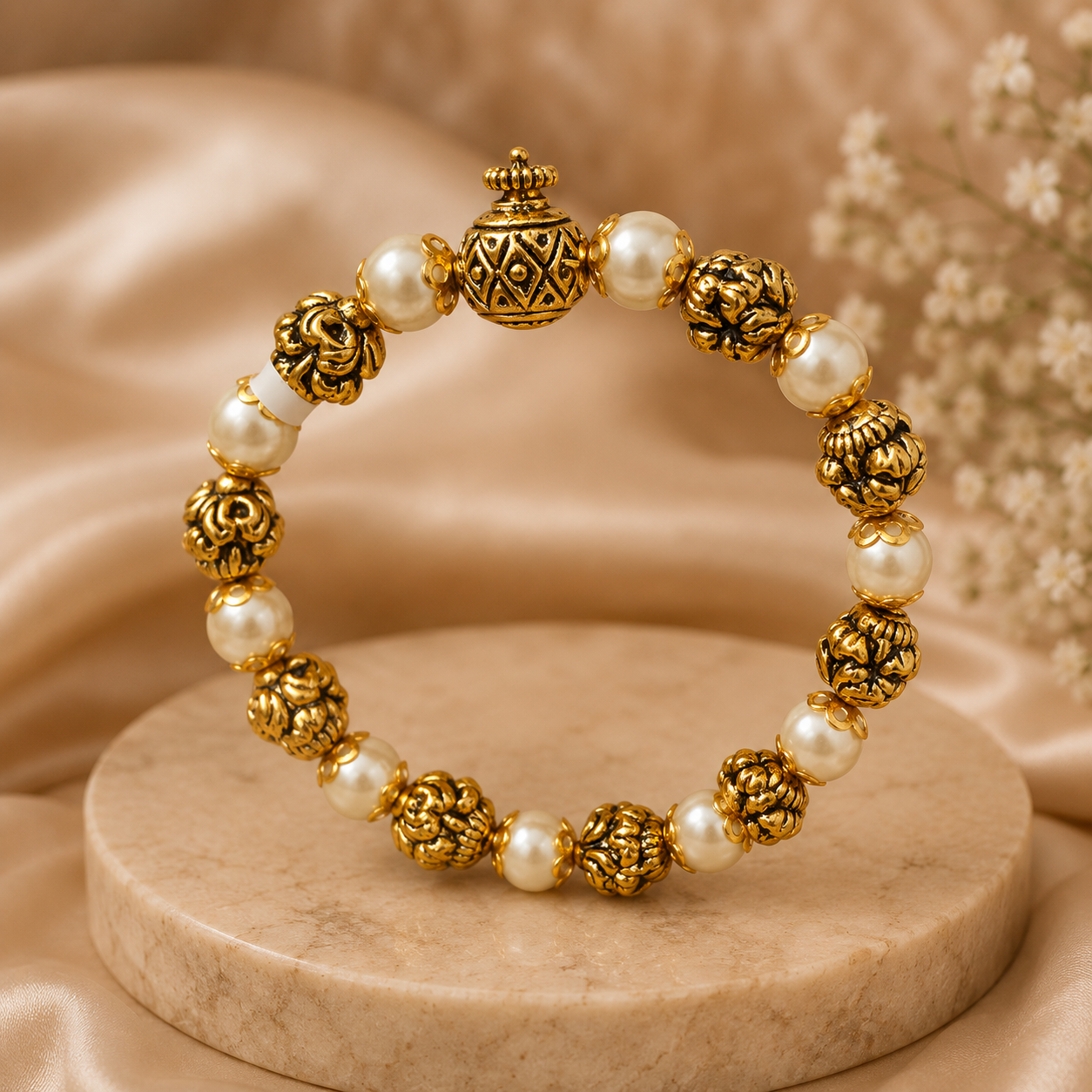 Royal Pearl & Antique Gold Beaded Bracelet