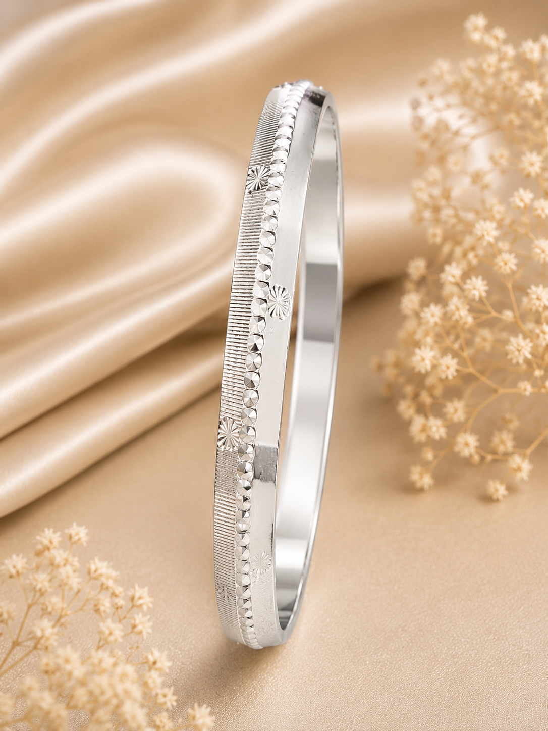 Royal Floral Bead Edge Silver Kada