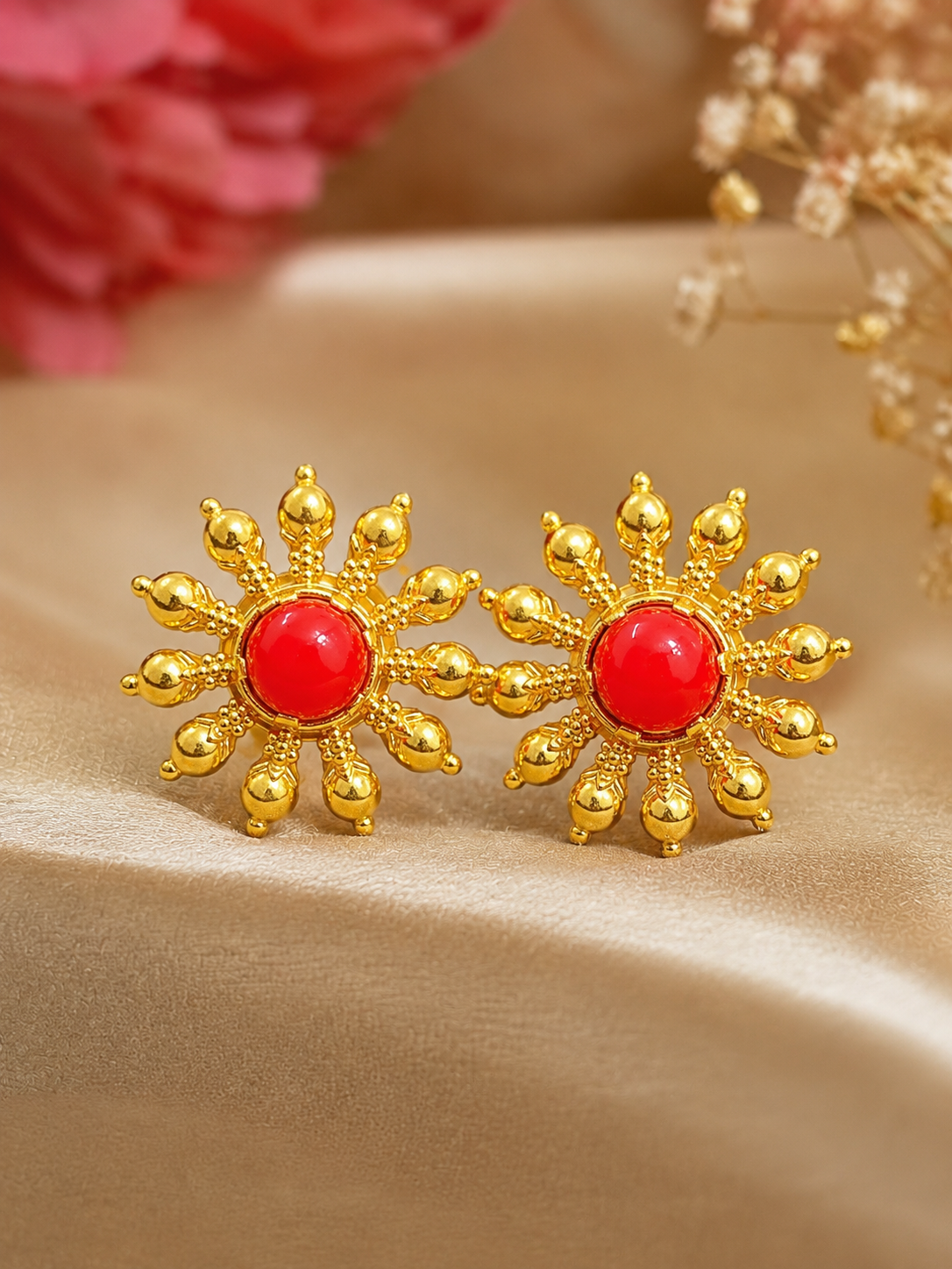 Radiant Coral Sunburst Stud Earrings