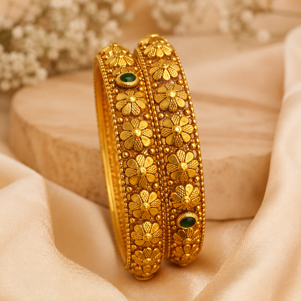 Regal Floral Nakshi Bangles with Emerald Accents