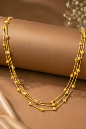Royal Triple-Layer Textured Beaded Gold Chain(18 inch)