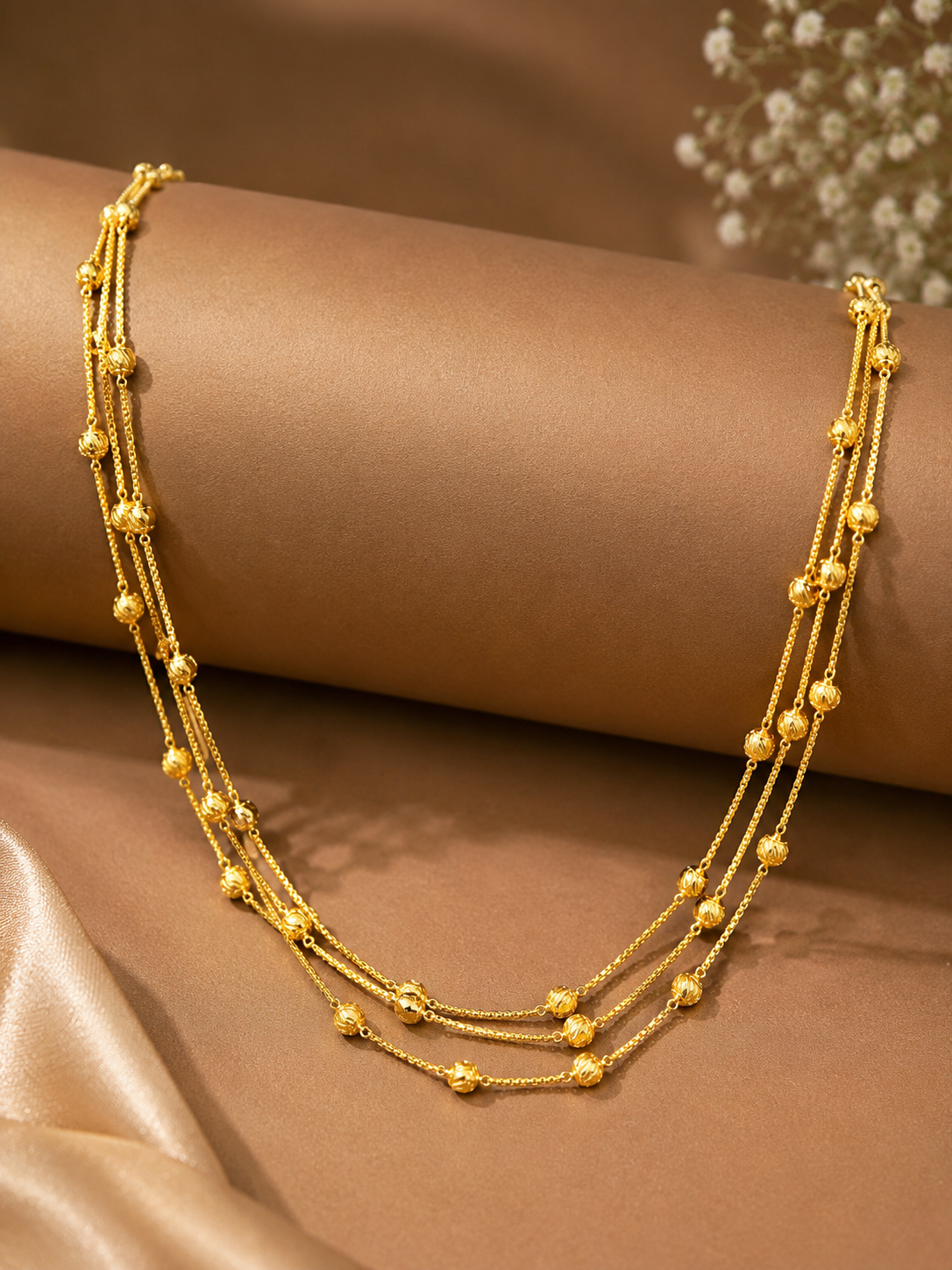 Royal Triple-Layer Textured Beaded Gold Chain(18 inch)