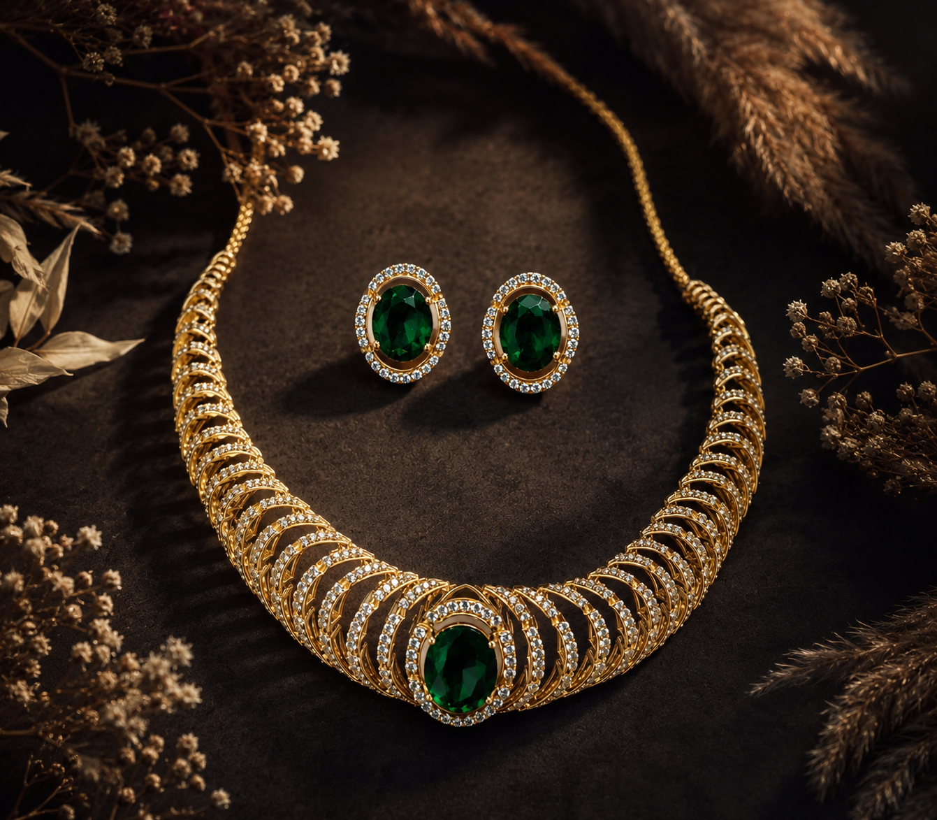Royal Emerald Halo Collar Necklace Set - Image 2