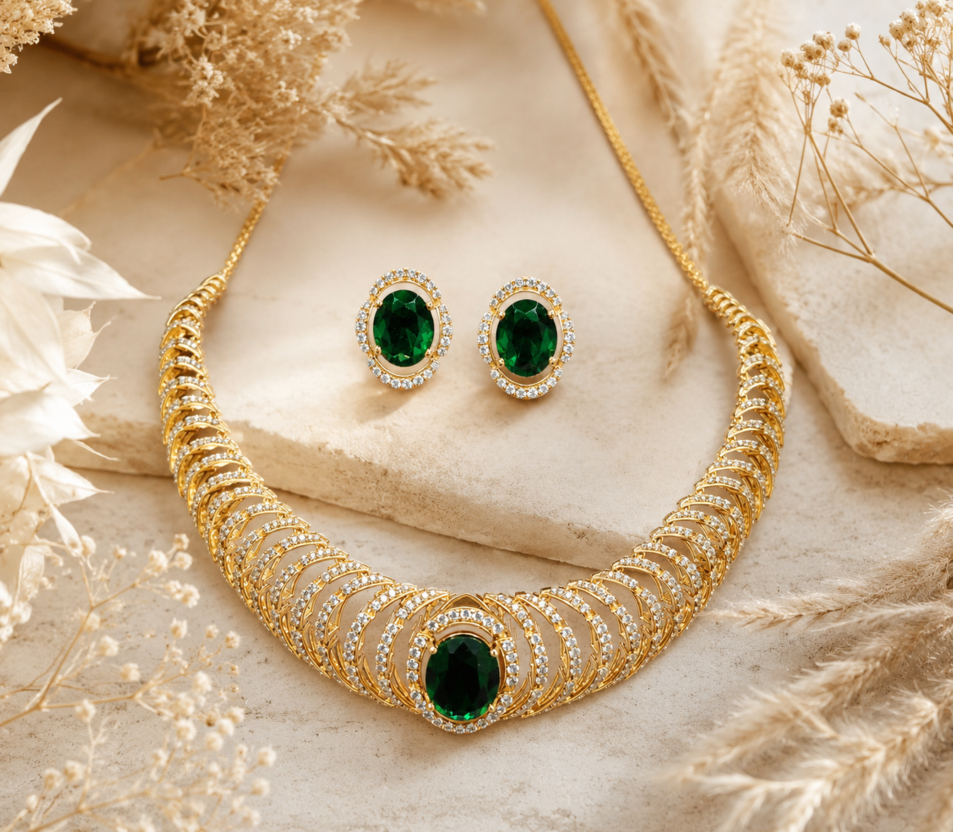 Royal Emerald Halo Collar Necklace Set