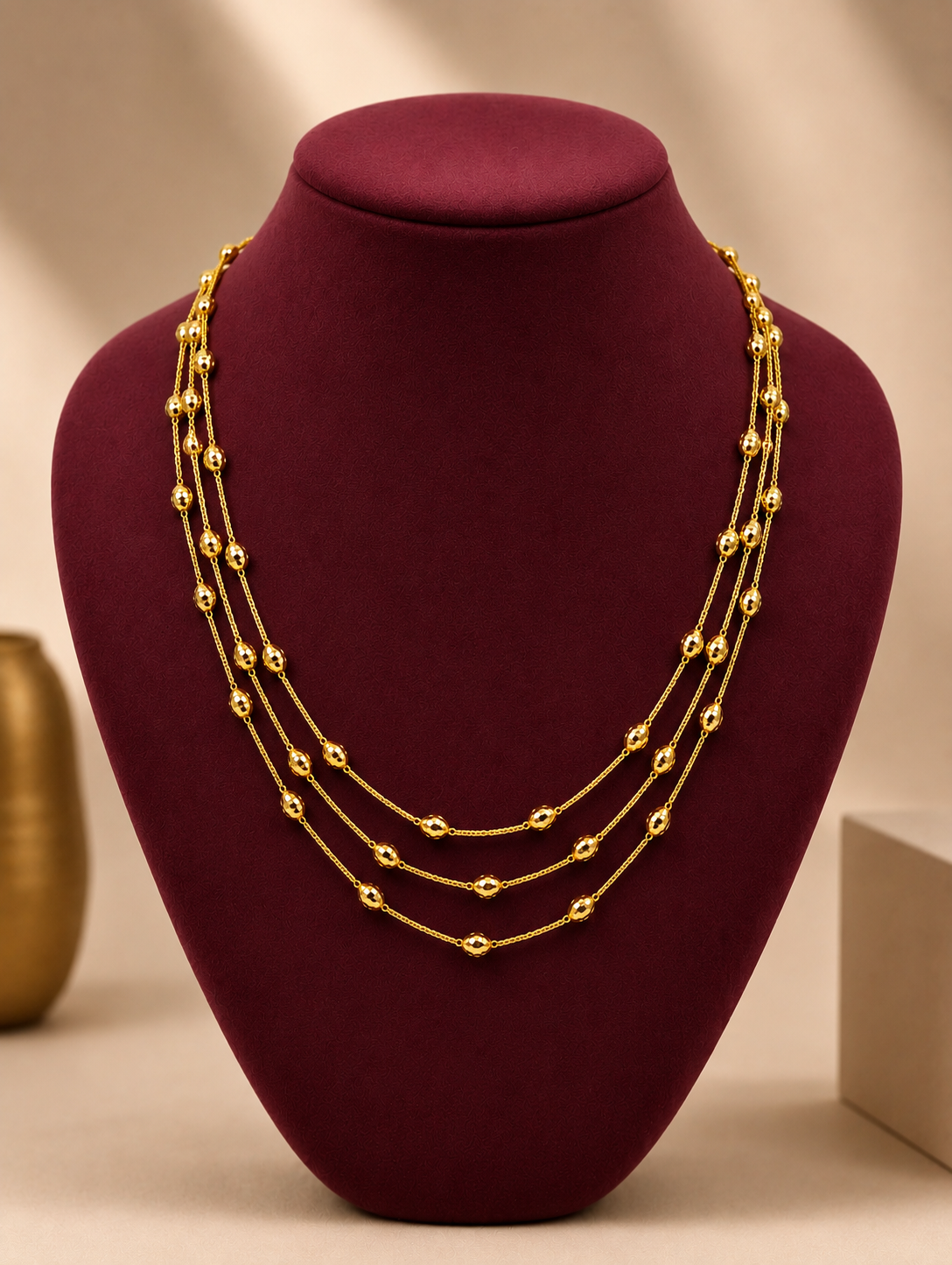 Royal Triple-Strand Gold Beaded Chain(18 inch)