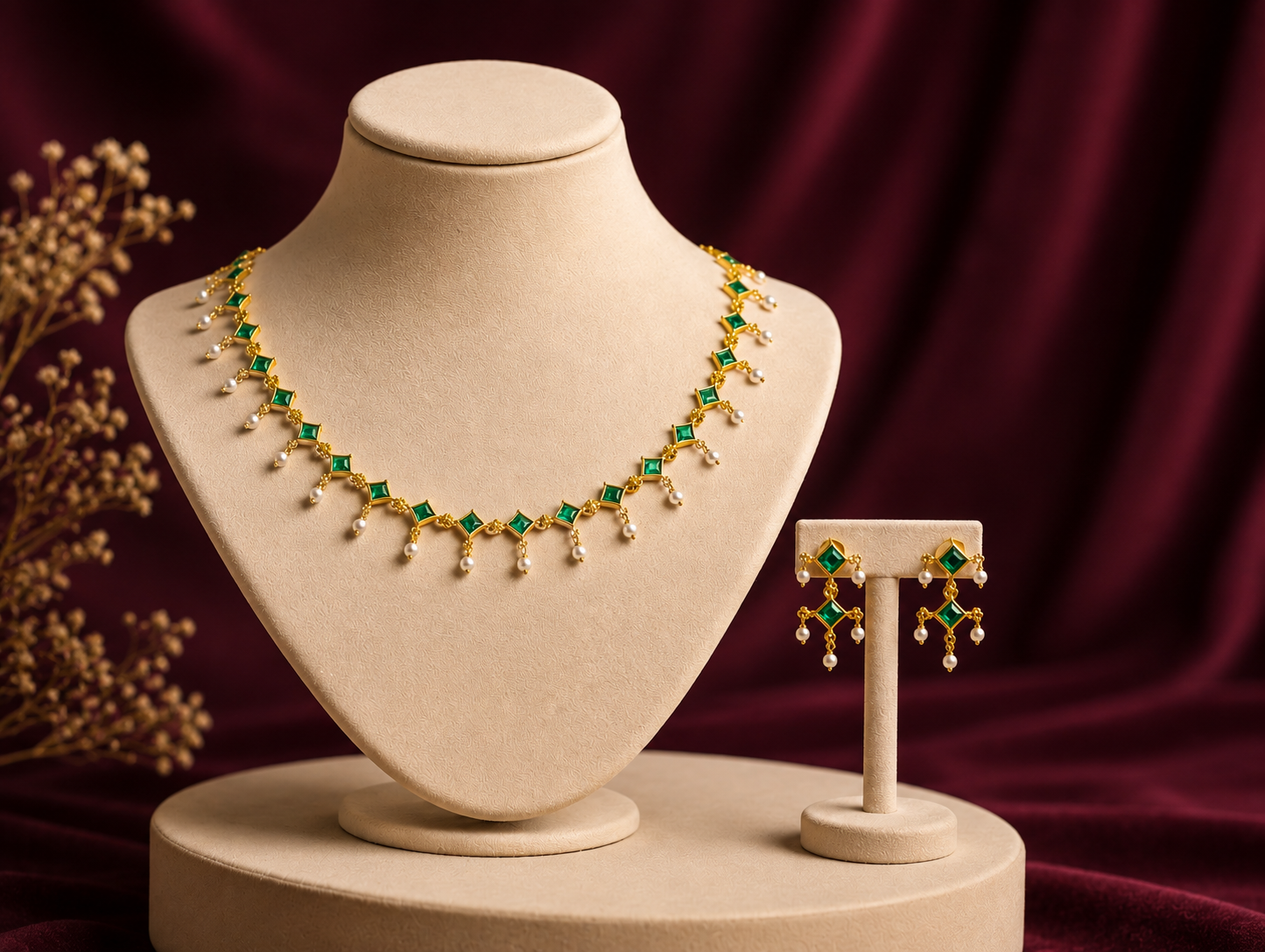 Emerald Pearl Cascade Necklace Set