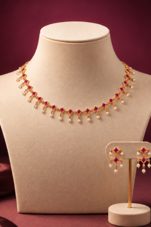 Ruby Pearl Cascade Necklace Set