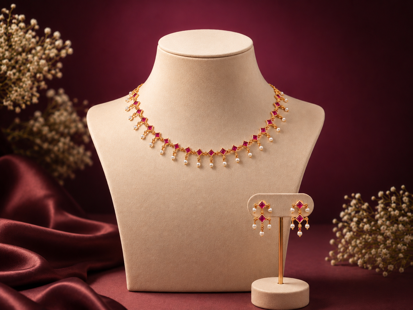 Ruby Pearl Cascade Necklace Set