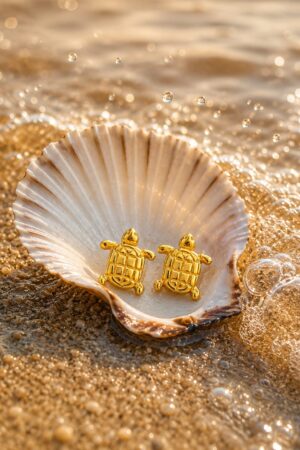 Golden Turtle Charm Stud Earrings