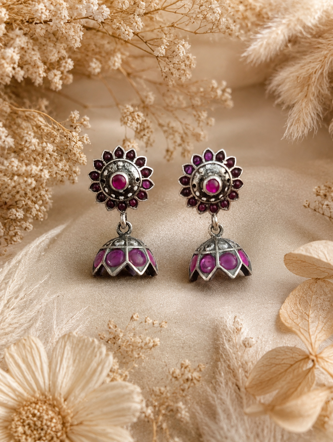Antique Ruby Blossom Jhumka Earrings