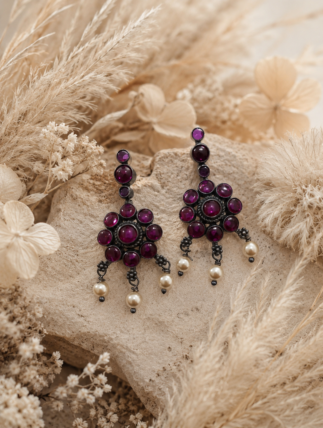 Royal Amethyst Bloom Pearl Drop Earrings