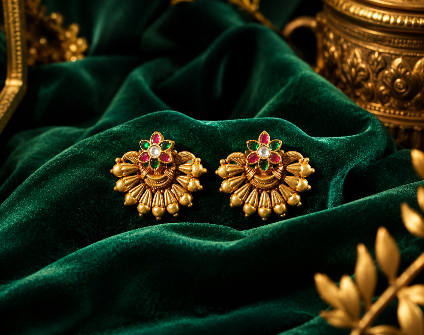 Royal Navaratna Blossom Antique Stud Earrings