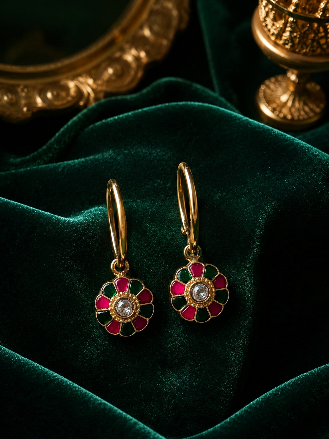 Emerald Ruby Blossom Hoop Drop Earrings