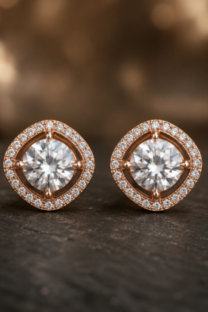 Rose Gold Radiant Halo Solitaire Stud Earrings