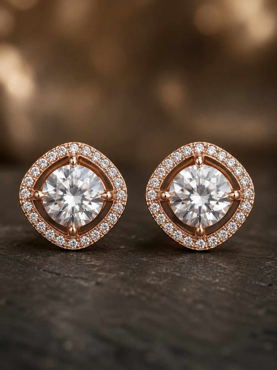 Rose Gold Radiant Halo Solitaire Stud Earrings
