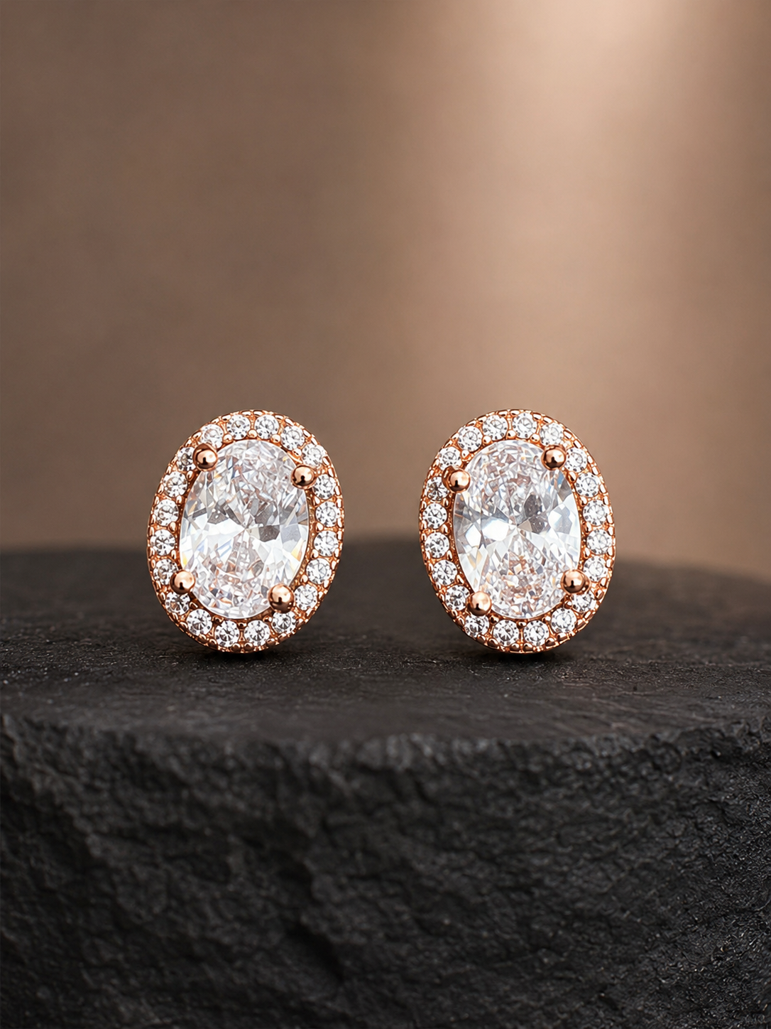 Rose Gold Oval Radiance Halo Stud Earrings