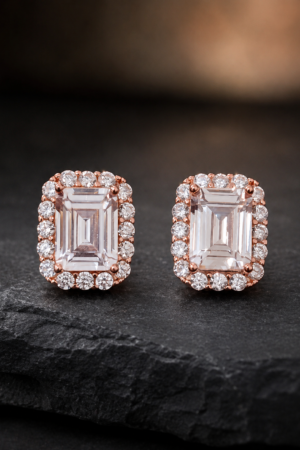 Rose Gold Emerald-Cut Halo Stud Earrings