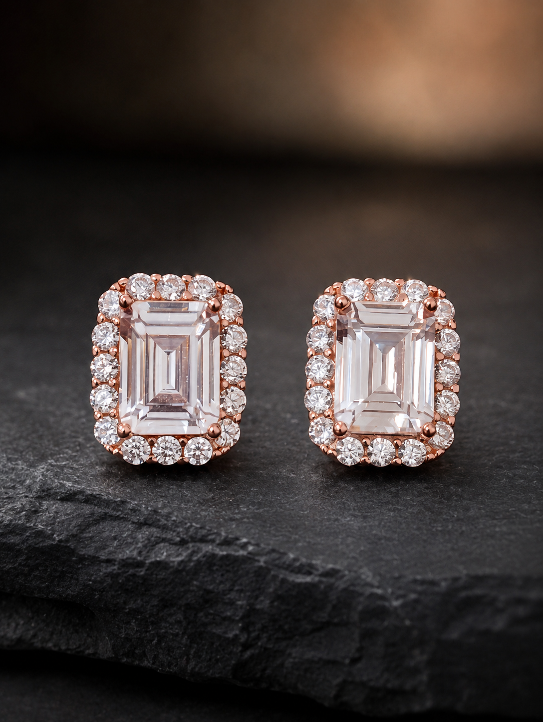 Rose Gold Emerald-Cut Halo Stud Earrings
