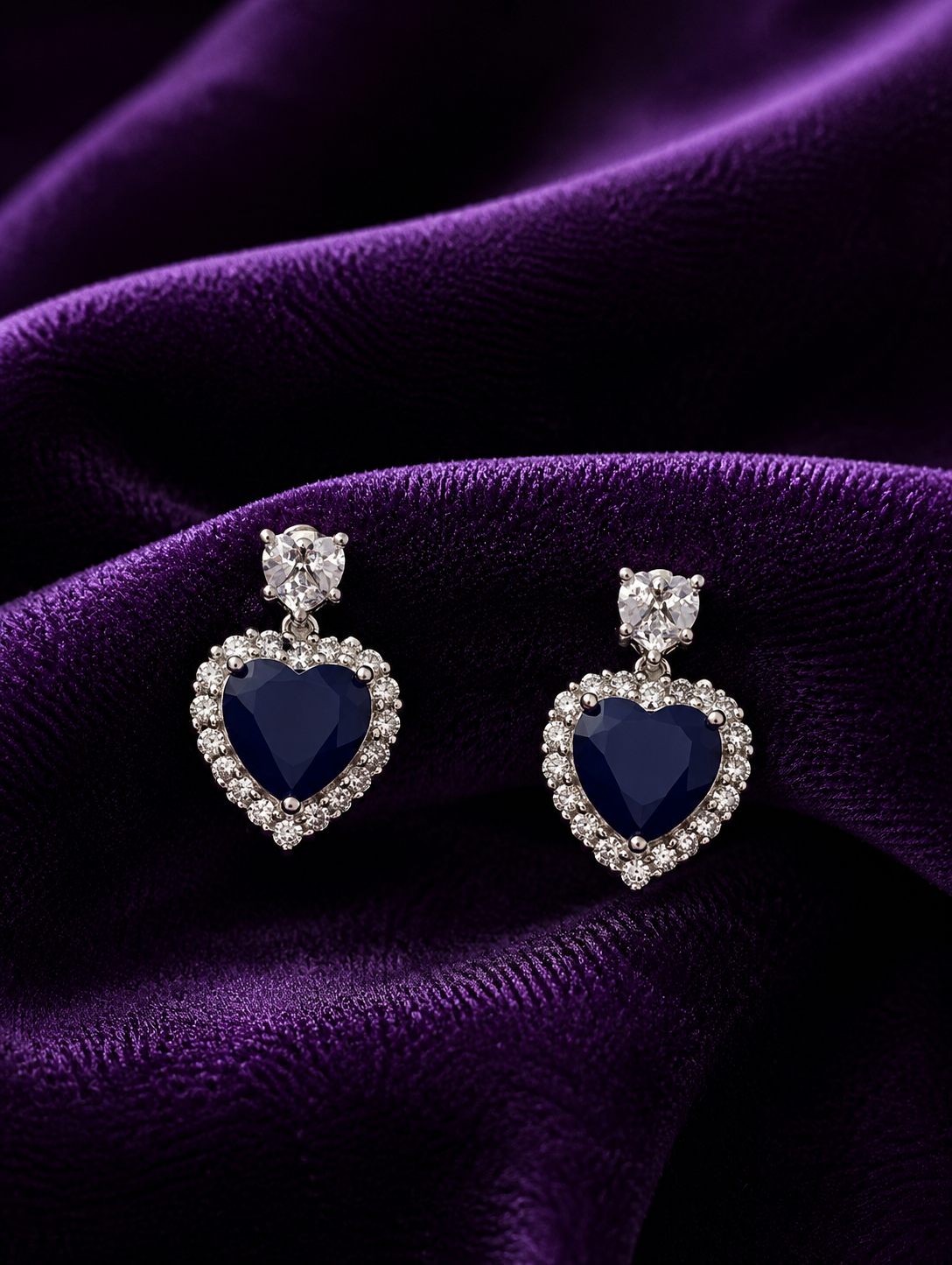 Midnight Sapphire Heart Halo Earrings