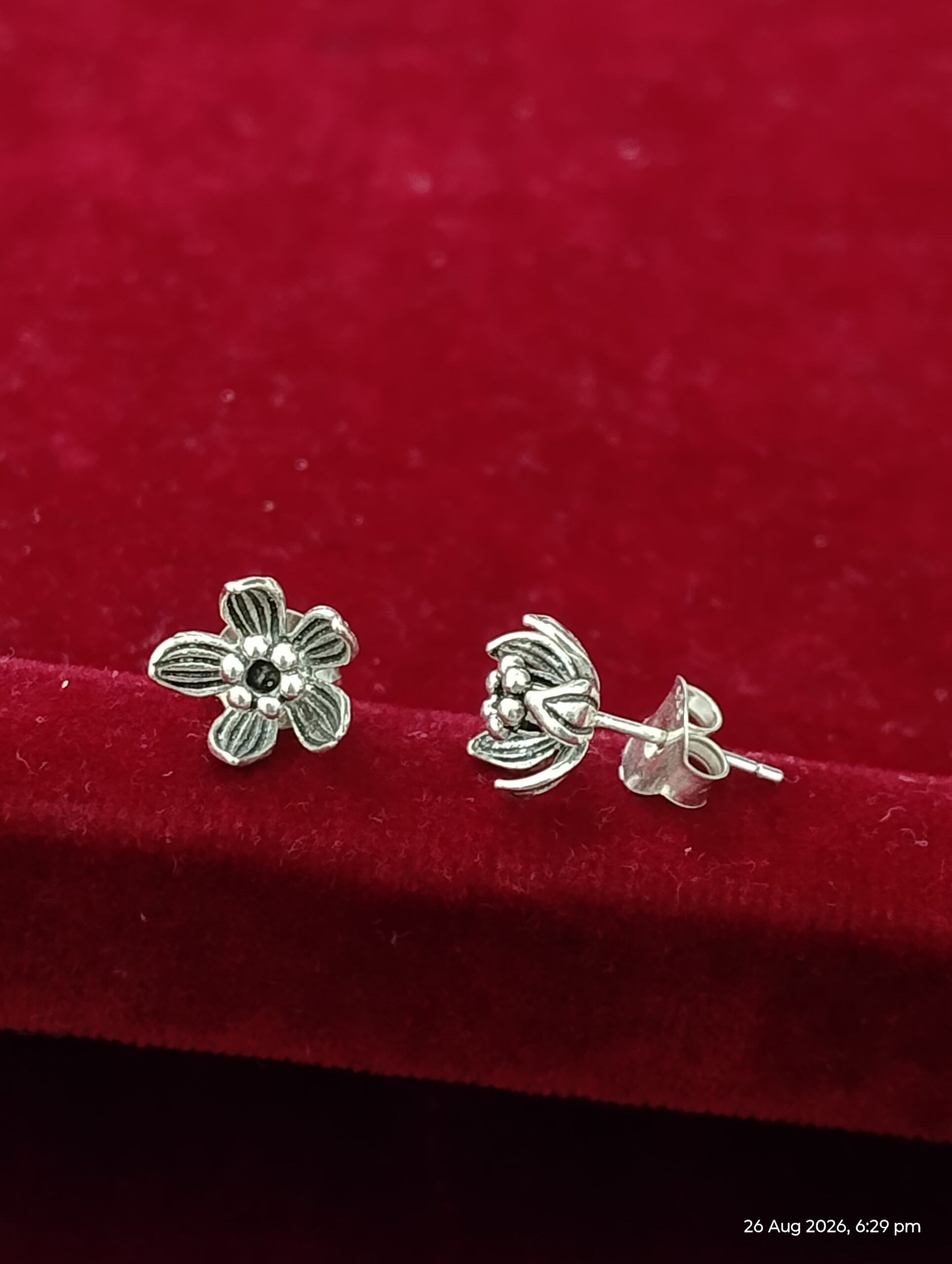 Vintage Bloom Silver-Tone Stud Earrings - Image 2