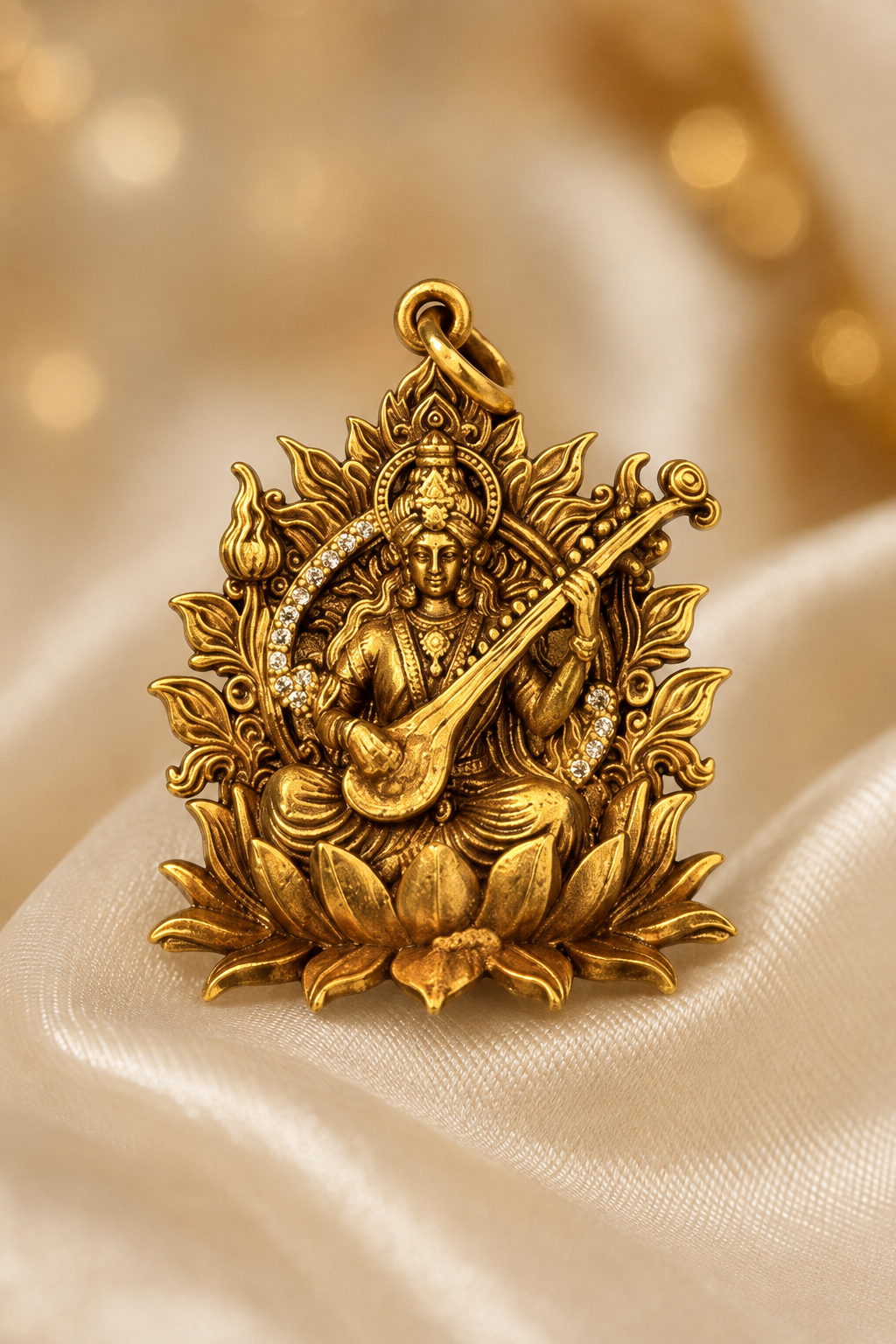 Divine Saraswati Veena Lotus Pendant