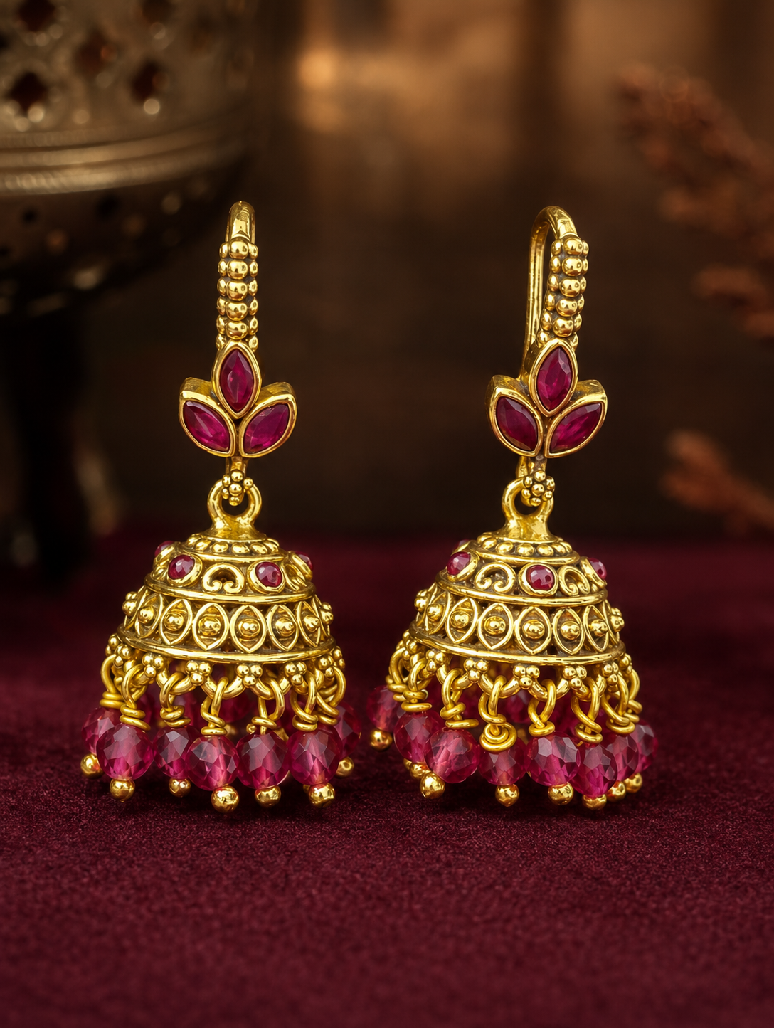 Regal Ruby Lotus Antique Jhumkas - Image 2
