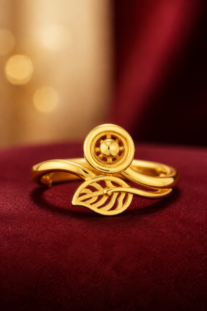Golden Harmony Leaf & Circle Finger Ring(size 15)