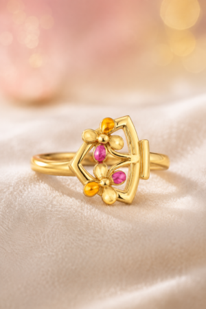 Dual Blossom Ruby & Amber Gold Finger Ring(size 14)