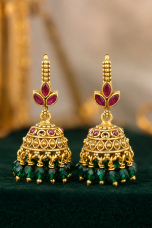 Emerald Ruby Lotus Antique Jhumkas