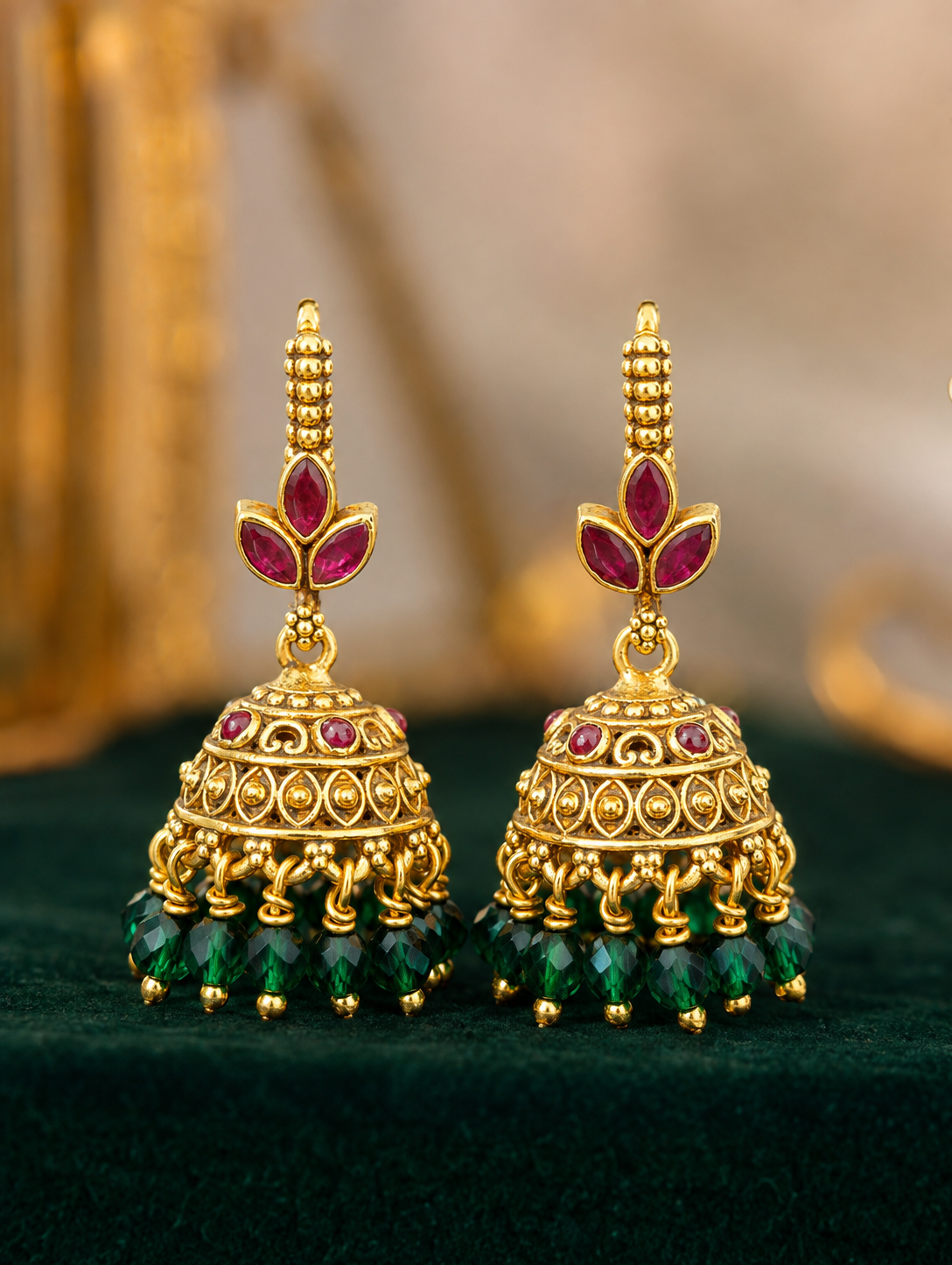 Emerald Ruby Lotus Antique Jhumkas